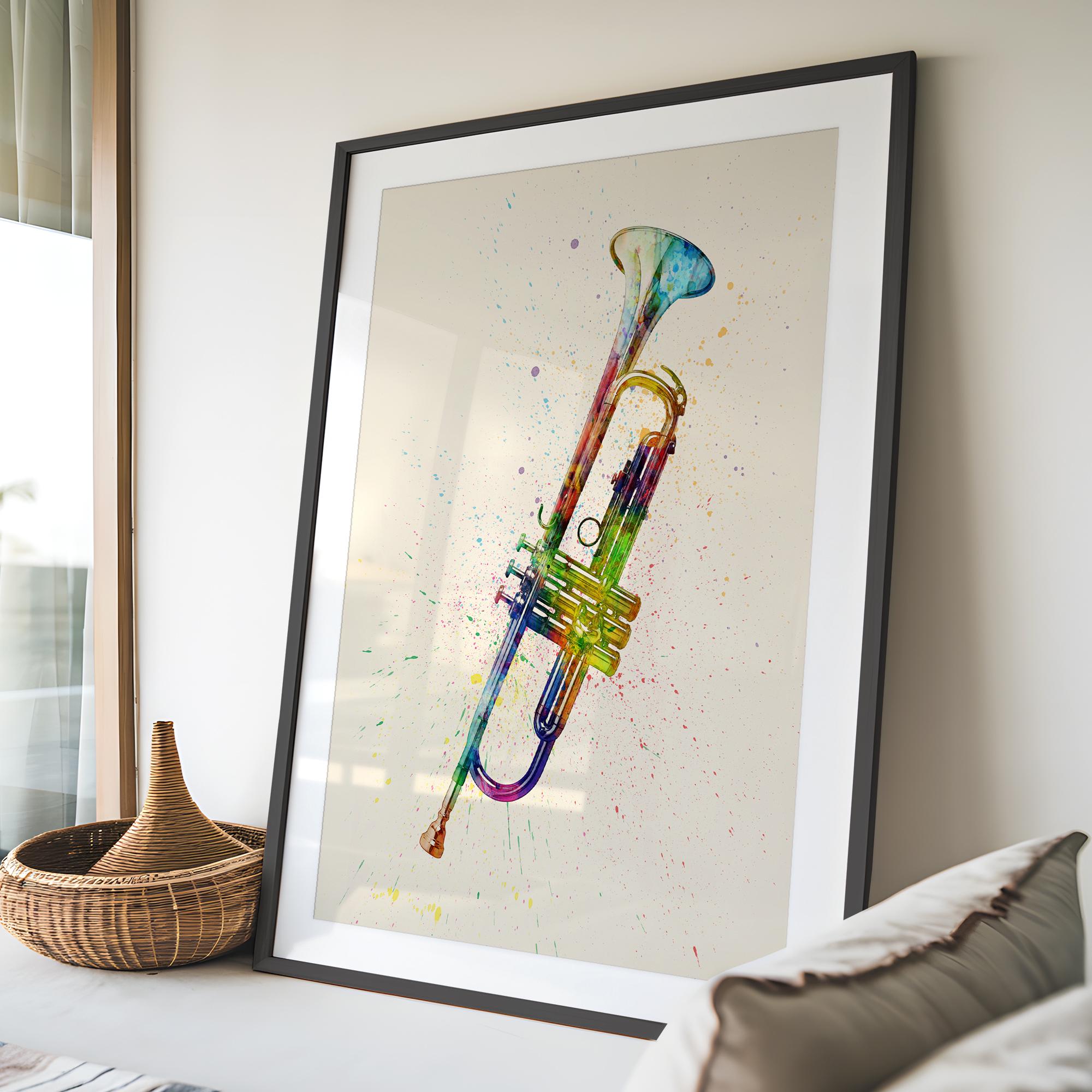 Trumpet Music Instrument, Abstract Watercolor - Art Print Poster