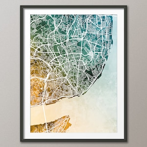 Lisbon Map, Portugal City Map, Watercolour Art Print Poster Teal Gold (9807)