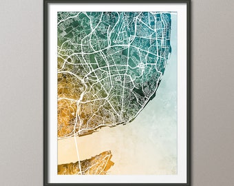 Lisbon Map, Portugal City Map, Watercolour Art Print Poster Teal Gold (9807)