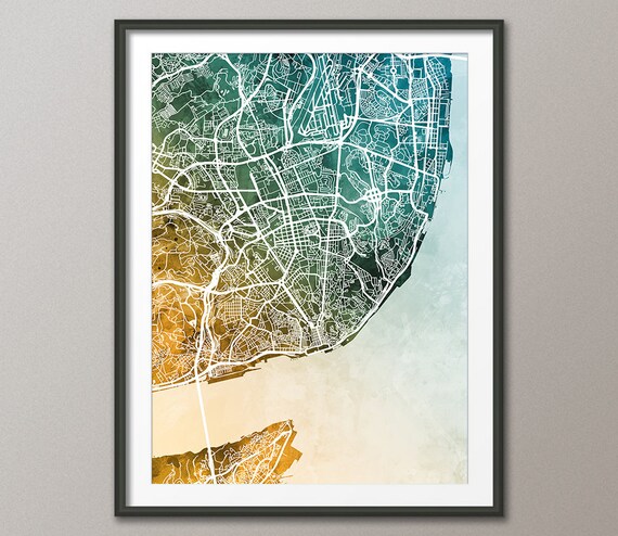 Lisbon Map, Portugal City Map, Watercolour Art Print Poster Teal Gold (9807)
