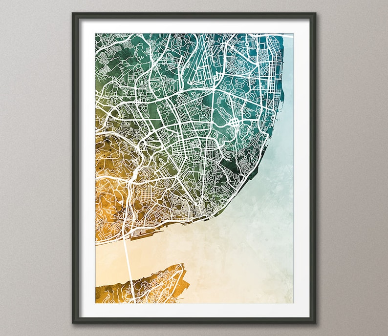 May include: A watercolor map of Lisbon, Portugal, with a teal and green color scheme. The map shows the city's streets and waterways, with a white outline.