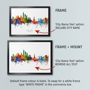 two framed cityscape artworks, each with different frame options and color schemes. The first frame has a black frame, while the second frame has a white frame. The text in the image provides information about the frame options, such as the "City Name Text" option and the "City Name Text" option to remove all text. The text also indicates that the frame color is black, and the frame color can be changed to white.