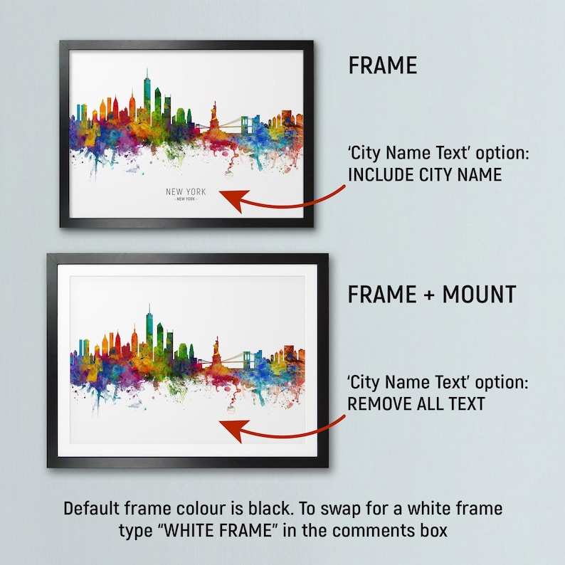 two framed cityscape artworks, each with different frame options and color schemes. The first frame has a black frame, while the second frame has a white frame. The text in the image provides information about the frame options, such as the "City Name Text" option and the "City Name Text" option to remove all text. The text also indicates that the frame color is black, and the frame color can be changed to white.