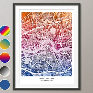 Carte de Rotterdam, carte de la ville des Pays-Bas, affiche d'impression d'art à l'aquarelle (31250)