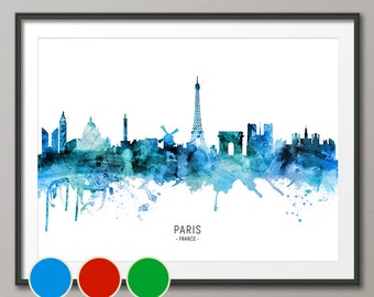 Paris Skyline France, Cityscape Art Poster Print Blue Red Green (20534)