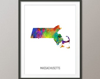 Massachusetts Map, Watercolour Art Print Poster, Colour, Black White, Beige (30987)
