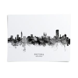 the Pretoria skyline, a city in South Africa, as a black and white watercolor-style illustration.