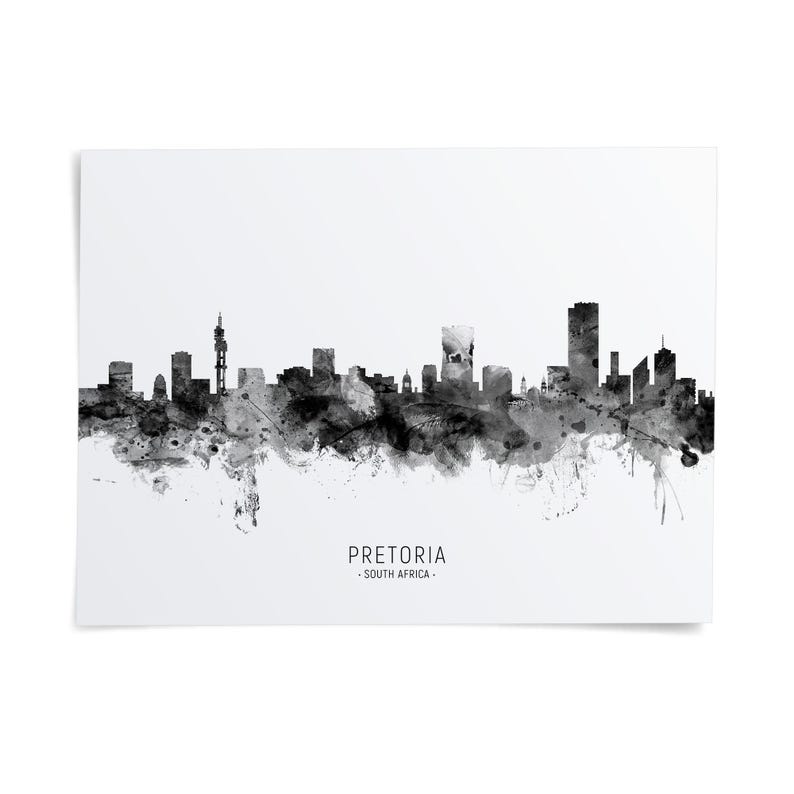 the Pretoria skyline, a city in South Africa, as a black and white watercolor-style illustration.