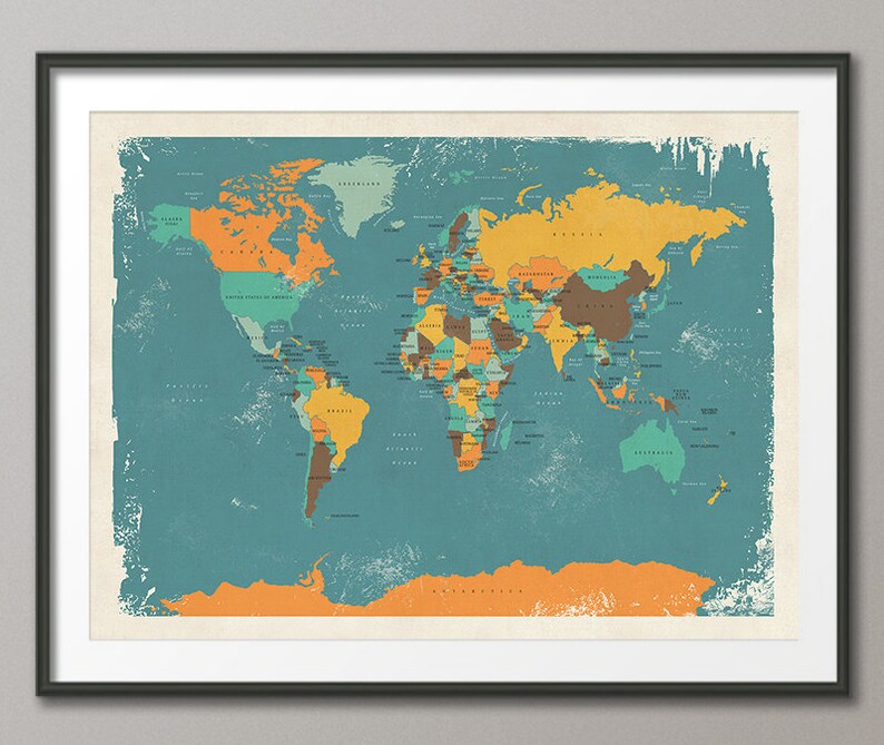 retro political map of the world map art print 18x24 up to etsy