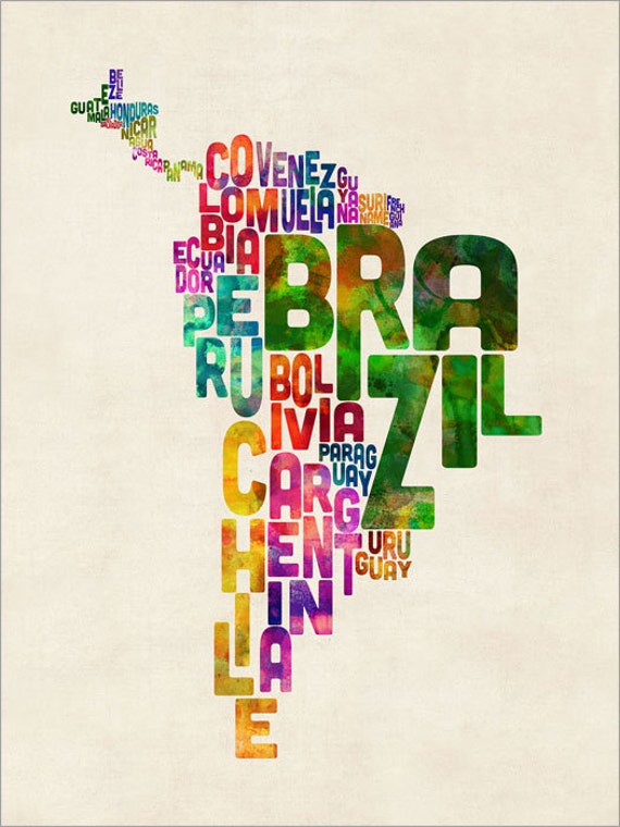 Map Of South And Central America South America Map Typography Text Map Of Central America And | Etsy Ireland