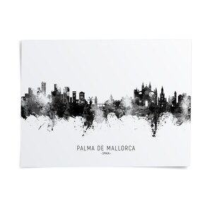 the skyline of Palma de Mallorca, Spain, with a black and white watercolor-style illustration of the city's buildings and landmarks.