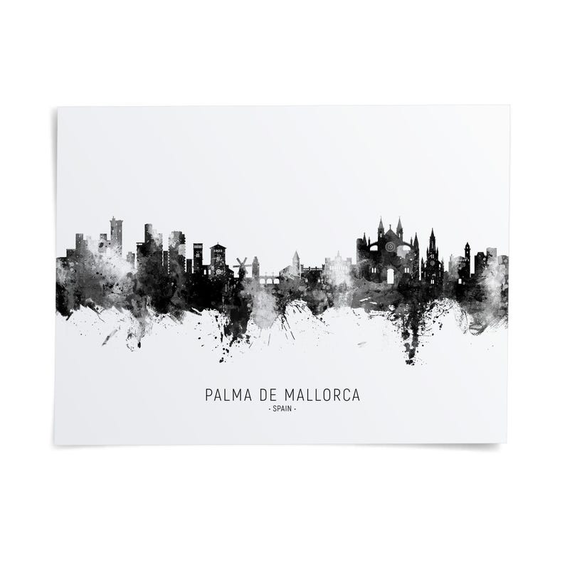 the skyline of Palma de Mallorca, Spain, with a black and white watercolor-style illustration of the city's buildings and landmarks.