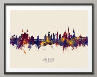 Lucerne Skyline Switzerland, Cityscape Painting Art Print Poster LS (15134)