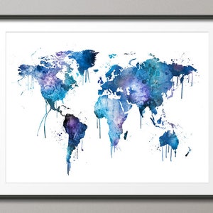 Aquarel kaart van de wereld, kaart verfspatten, kunstafdruk WM (3037)