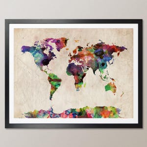 Watercolor Map of the World Map, Art Print, 11x14 up to 18x24 inch WM (749)