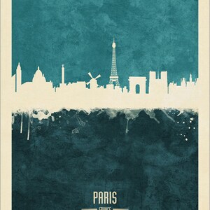 May include: A watercolor-style illustration of the Paris skyline, featuring iconic landmarks like the Eiffel Tower, the Arc de Triomphe, and the Sacr&eacute;-Coeur Basilica. The city name "Paris" and "France" are written below the skyline.