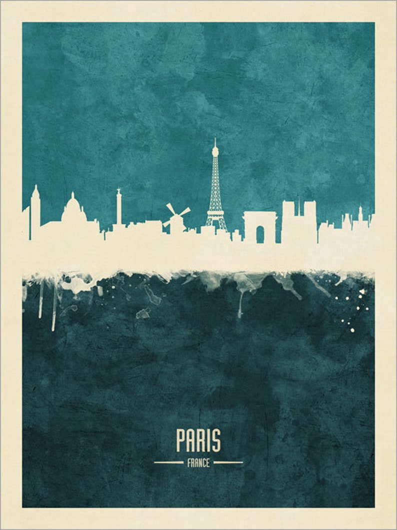 May include: A watercolor-style illustration of the Paris skyline, featuring iconic landmarks like the Eiffel Tower, the Arc de Triomphe, and the Sacr&eacute;-Coeur Basilica. The city name "Paris" and "France" are written below the skyline.