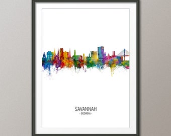 Savannah Skyline, Savannah Georgia Cityscape Art Print Poster Portrait (23021)