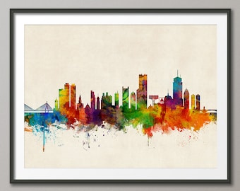 May include: A watercolor painting of the Boston skyline, featuring colorful buildings and a bridge. The painting is done in a vibrant style with splashes of color.
