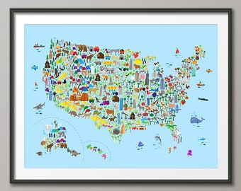 Animal Map of the United States, Map for children and kids, Art Print (4267)