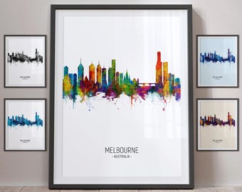 May include: A colorful watercolor illustration of the Melbourne skyline with the text "MELBOURNE - AUSTRALIA -" below the image.