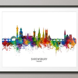 Shrewsbury Skyline England, Cityscape Painting Art Print Poster CX (6595)