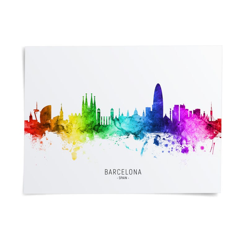 The image is a colorful watercolor illustration of the Barcelona skyline, featuring the city's iconic landmarks and architecture in a vibrant rainbow-like palette.