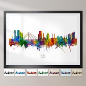 May include: A watercolor cityscape of Riga, Latvia, with a bridge and colorful buildings. The city skyline is depicted in a vibrant, abstract style with splashes of color.