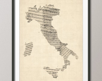 Old Sheet Music Map of Italy Map, Art Print (907)