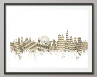 London Skyline, Sheet Music London Cityscape, Art Print (1374)