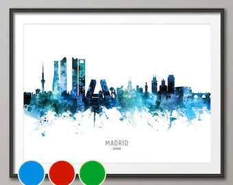 Madrid Skyline Spanien, Stadtbild KunstDruck Blau Rot Grün (20671)