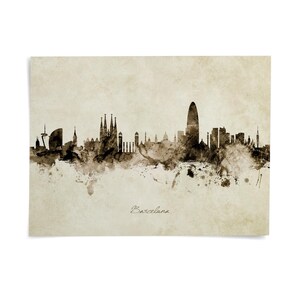 The image is a watercolor painting depicting the skyline of Barcelona, Spain.