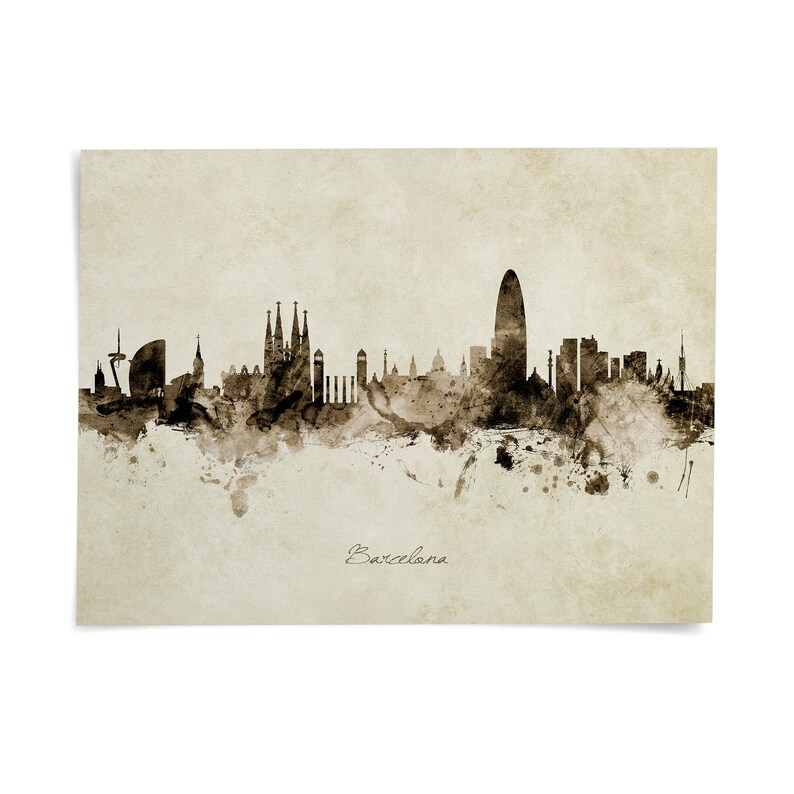The image is a watercolor painting depicting the skyline of Barcelona, Spain.