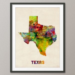 Carte aquarelle du Texas, États-Unis, impression d'art JX (347)
