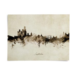 a cityscape with tall buildings and a bridge, rendered in a black and white style with a textured appearance.