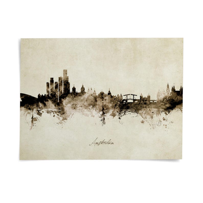 a cityscape with tall buildings and a bridge, rendered in a black and white style with a textured appearance.