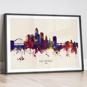 Des Moines Skyline Iowa, Cityscape Painting Art Print Poster LX (15085)