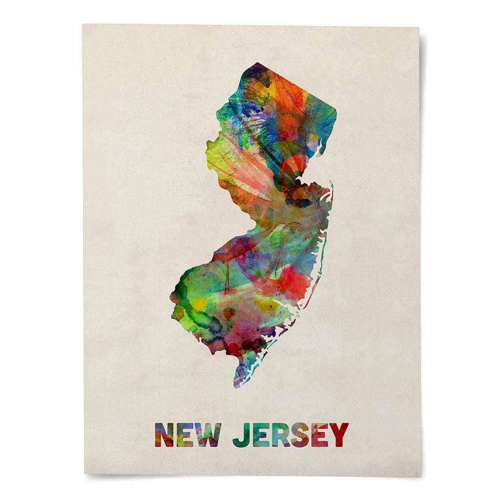 New Jersey Map USA, Watercolor United States of America Art Print ...