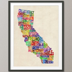 Carte typographique de Californie, impression d'art (281)