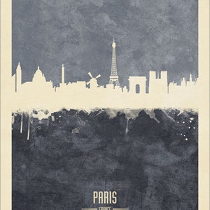 May include: A watercolor-style illustration of the Paris skyline in white against a blue background. The Eiffel Tower is the most prominent feature, with other landmarks like the Arc de Triomphe and Notre Dame Cathedral visible. The text "PARIS - FRANCE" is at the bottom of the image.