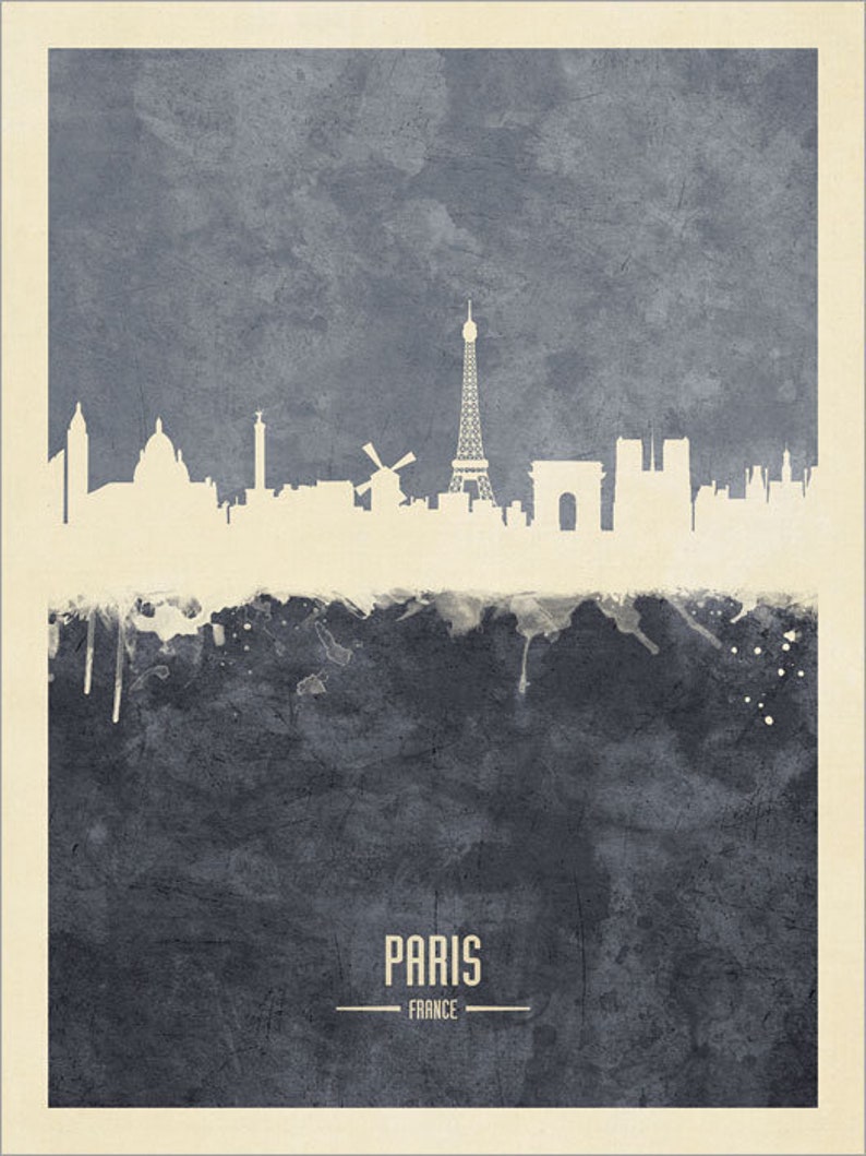 May include: A watercolor-style illustration of the Paris skyline in white against a blue background. The Eiffel Tower is the most prominent feature, with other landmarks like the Arc de Triomphe and Notre Dame Cathedral visible. The text "PARIS - FRANCE" is at the bottom of the image.