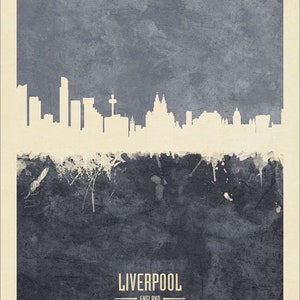 May include: A watercolor-style illustration of the Liverpool skyline in white against a blue background. The text "LIVERPOOL" and "ENGLAND" is below the skyline.