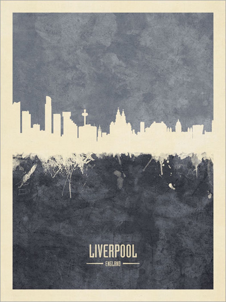 May include: A watercolor-style illustration of the Liverpool skyline in white against a blue background. The text "LIVERPOOL" and "ENGLAND" is below the skyline.