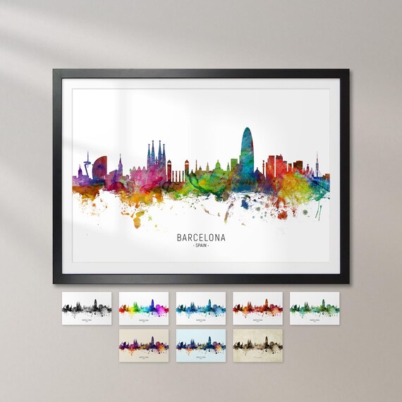 Barcelona Skyline Spain, Cityscape Art Print Poster KX (6485)