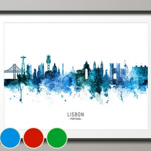 Lisbon Skyline Portugal, Cityscape Art Poster Print Blue Red Green (20719)