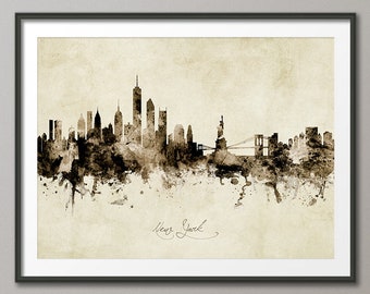 New York Skyline New York, Stadtansicht Kunstdruck Poster Vintage Sepia (8976)
