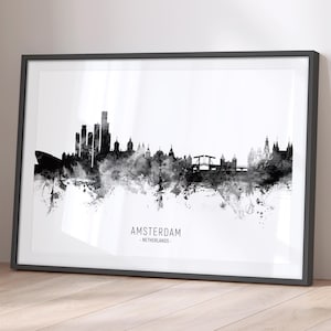 Skyline d'Amsterdam, Pays-Bas, affiche d'impression d'art peinture paysage urbain BX (23663)