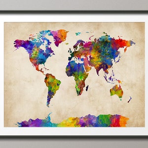 Carte aquarelle de la carte du monde, impression d'art WM (2119)