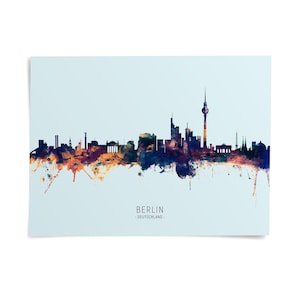 The image is a watercolor painting of the Berlin skyline, featuring the city's iconic landmarks and architecture in a colorful, abstract style.