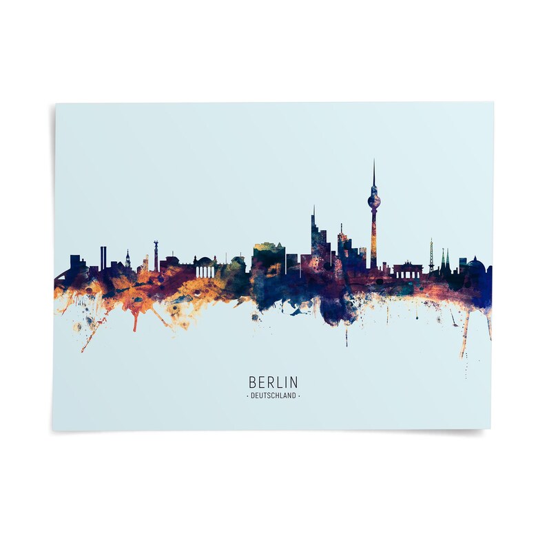 The image is a watercolor painting of the Berlin skyline, featuring the city's iconic landmarks and architecture in a colorful, abstract style.
